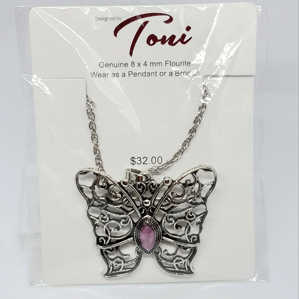 Toni Genuine Purple Flourite Butterfly Pendant Brooch Necklace NEW NWT Boho